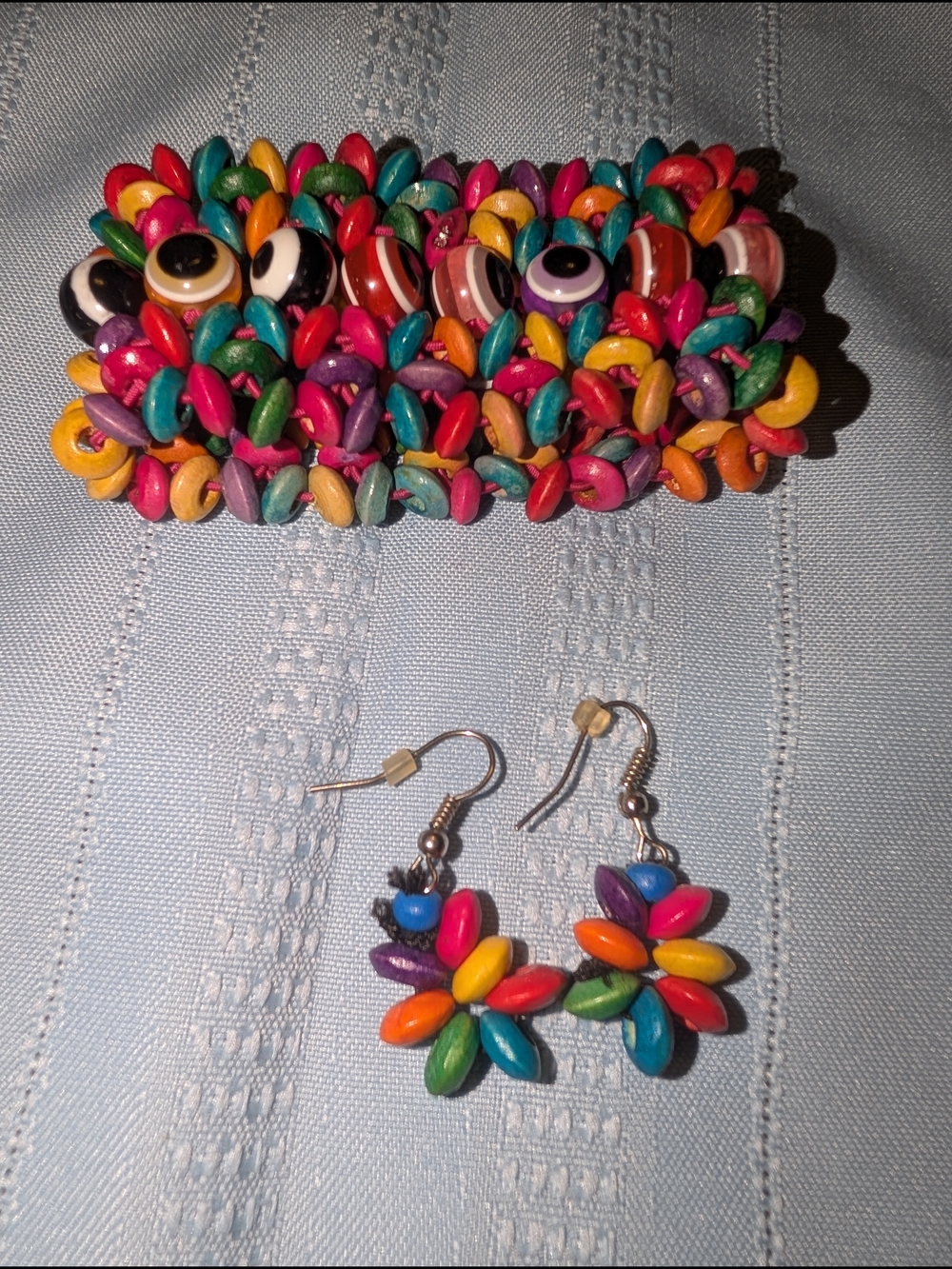 Colorful Multicolor Wood Bead Earrings and Bracelet Set